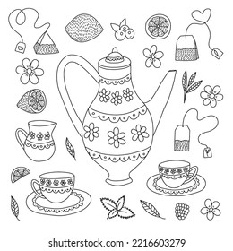Hand drawn doodle tea collection. Vector tea service hand drawn set 