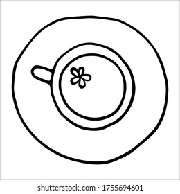 A Hand Drawn Doodle Tea Cup On A White Background. Vector Hygge Illustration For Children. Logo Element For A Coffee Shop, Cafe, Restaurant, And Tea Ceremony. Design Of The Coffee Shop And Cafe.