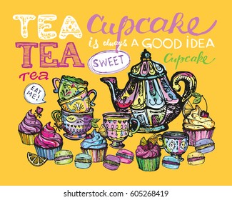 Hand drawn doodle tea cup with cake. Cupcakes and macaroons. Vector illustration.