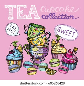 Hand drawn doodle tea cup with cake. Cupcakes and macaroons. Vector illustration.