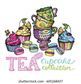 Hand drawn doodle tea cup with cake. Cupcakes and macaroons. Vector illustration.