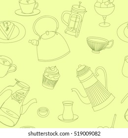 Hand drawn doodle with tea, dessert, cup and pot for tea party. Teatime backdrop can used as pattern fills, web page background, fabric, background. Vector seamless pattern, EPS10, clipping mask. 