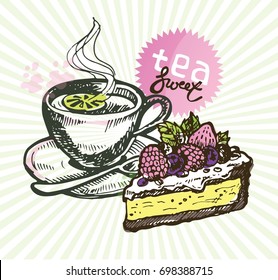 Hand drawn doodle tea illustration. Lemon and mint. Cheese cake
