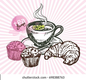 Hand drawn doodle tea illustration. Lemon and mint. Croissant and cupcake