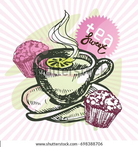 Hand drawn doodle tea illustration. Lemon and mint. Cupcake