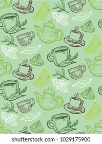 Hand drawn doodle tea pattern background