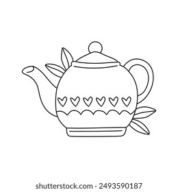 Tetera de garabato dibujado a mano, hervidor con limón aislado sobre fondo blanco. Ilustración vectorial