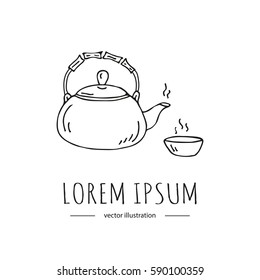 Hand drawn doodle Tea pot icon vector illustration Isolated drink symbols collection. Cartoon various beverage element: mug, cup, teapot, steam, bamboo handle, plate, mint, herbal, sugar, lemon.