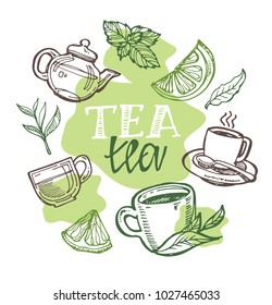 Hand drawn doodle tea set