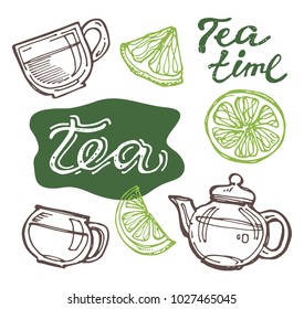 Hand drawn doodle tea set