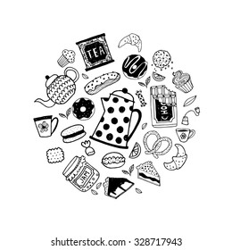 Hand drawn doodle tea time elements collection.Vector set. Teapots, cups, cupcakes and sweets.