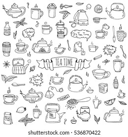 Hand drawn doodle Tea time icon set. Vector illustration. Isolated drink symbols collection. Cartoon various beverage element: mug, cup, teapot, leaf, bag, spice, plate, mint, herbal, sugar, lemon.