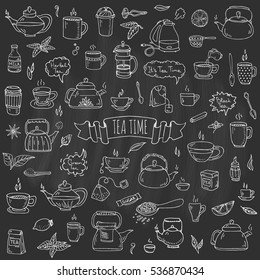 Hand drawn doodle Tea time icon set. Vector illustration. Isolated drink symbols collection. Cartoon various beverage element: mug, cup, teapot, leaf, bag, spice, plate, mint, herbal, sugar, lemon.