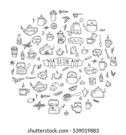 Hand drawn doodle Tea time icon set. Vector illustration. Isolated drink symbols collection. Cartoon various beverage element: mug, cup, teapot, leaf, bag, spice, plate, mint, herbal, sugar, lemon.