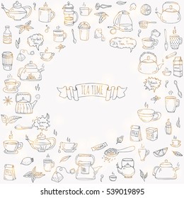 Hand drawn doodle Tea time icon set. Vector illustration. Isolated drink symbols collection. Cartoon various beverage element: mug, cup, teapot, leaf, bag, spice, plate, mint, herbal, sugar, lemon.