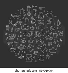 Hand drawn doodle Tea time icon set. Vector illustration. Isolated drink symbols collection. Cartoon various beverage element: mug, cup, teapot, leaf, bag, spice, plate, mint, herbal, sugar, lemon.