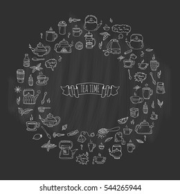Hand drawn doodle Tea time icon set. Vector illustration. Isolated drink symbols collection. Cartoon various beverage element: mug, cup, teapot, leaf, bag, spice, plate, mint, herbal, sugar, lemon.