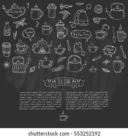 Hand drawn doodle Tea time icon set. Vector illustration. Isolated drink symbols collection. Cartoon various beverage element: mug, cup, teapot, leaf, bag, spice, plate, mint, herbal, sugar, lemon.