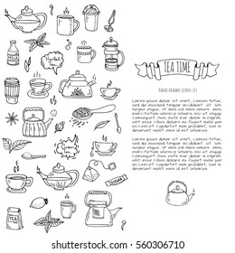 Hand drawn doodle Tea time icon set. Vector illustration. Isolated drink symbols collection. Cartoon various beverage element: mug, cup, teapot, leaf, bag, spice, plate, mint, herbal, sugar, lemon.