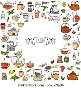 Hand drawn doodle Tea time icon set. Vector illustration. Isolated drink symbols collection. Cartoon various beverage element: mug, cup, teapot, leaf, bag, spice, plate, mint, herbal, sugar, lemon.