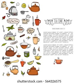 Hand drawn doodle Tea time icon set. Vector illustration. Isolated drink symbols collection. Cartoon various beverage element: mug, cup, teapot, leaf, bag, spice, plate, mint, herbal, sugar, lemon.