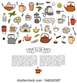 Hand drawn doodle Tea time icon set. Vector illustration. Isolated drink symbols collection. Cartoon various beverage element: mug, cup, teapot, leaf, bag, spice, plate, mint, herbal, sugar, lemon