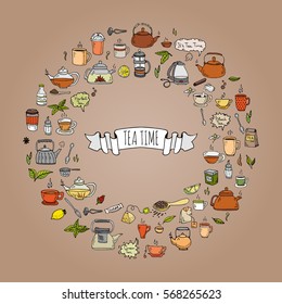 Hand drawn doodle Tea time icon set. Vector illustration. Isolated drink symbols collection. Cartoon various beverage element: mug, cup, teapot, leaf, bag, spice, plate, mint, herbal, sugar, lemon