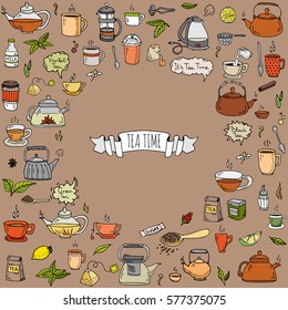 Hand drawn doodle Tea time icon set. Vector illustration. Isolated drink symbols collection. Cartoon various beverage element: mug, cup, teapot, leaf, bag, spice, plate, mint, herbal, sugar, lemon.