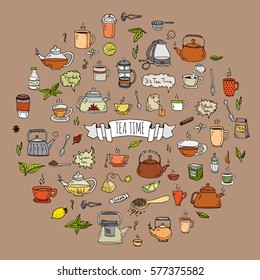 Hand drawn doodle Tea time icon set. Vector illustration. Isolated drink symbols collection. Cartoon various beverage element: mug, cup, teapot, leaf, bag, spice, plate, mint, herbal, sugar, lemon.