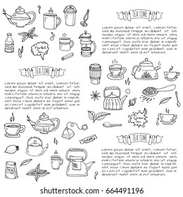 Hand drawn doodle Tea time icon set. Vector illustration. Isolated drink symbols collection. Cartoon various beverage element: mug, cup, teapot, leaf, bag, spice, plate, mint, herbal, sugar, lemon.