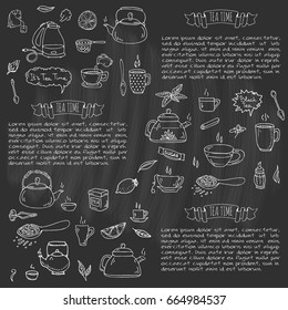 Hand drawn doodle Tea time icon set. Vector illustration. Isolated drink symbols collection. Cartoon various beverage element: mug, cup, teapot, leaf, bag, spice, plate, mint, herbal, sugar, lemon.