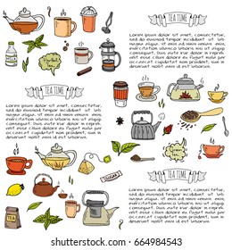 Hand drawn doodle Tea time icon set. Vector illustration. Isolated drink symbols collection. Cartoon various beverage element: mug, cup, teapot, leaf, bag, spice, plate, mint, herbal, sugar, lemon.