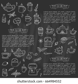 Hand drawn doodle Tea time icon set. Vector illustration. Isolated drink symbols collection. Cartoon various beverage element: mug, cup, teapot, leaf, bag, spice, plate, mint, herbal, sugar, lemon.