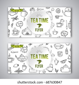 Hand drawn doodle Tea time icon set. Vector illustration. Isolated drink symbols collection. Cartoon poster template beverage element: mug cup teapot leaf bag spice plate mint, herbal, sugar, lemon.
