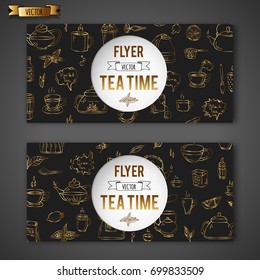 Hand drawn doodle Tea time icon set. Vector illustration. Isolated drink symbols collection. Cartoon poster template beverage element: mug cup teapot leaf bag spice plate mint, herbal, sugar, lemon.