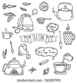 Hand drawn doodle Tea time icon set. Vector illustration. Isolated drink symbols collection. Cartoon various beverage element: mug, cup, teapot, leaf, bag, spice, mint, herbal, lemon, kettle.