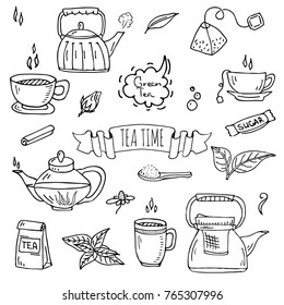 Hand drawn doodle Tea time icon set. Vector illustration. Isolated drink symbols collection. Cartoon various beverage element: mug, cup, teapot, leaf, bag, spice, mint, herbal.