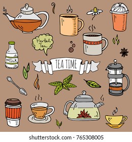 Hand drawn doodle Tea time icon set. Vector illustration. Isolated drink symbols collection. Cartoon various beverage element: mug, cup, teapot, leaf, spoon, spice, mint, herbal, milk