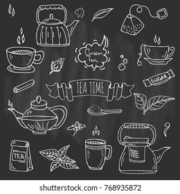 Hand drawn doodle Tea time icon set. Vector illustration. Isolated drink symbols collection. Cartoon various beverage element: mug, cup, teapot, leaf, bag, spice, mint, herbal.