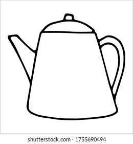 A hand drawn doodle teapot on a white background. Vector hygge illustration for children. Logo element for a coffee shop, cafe, restaurant, and tea ceremony. Design of the coffee shop and cafe.