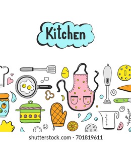 Hand drawn doodle template with cooking ingredient, food, bakery and kitchen utensils elements. Vector illustration for icon, restaurant menu, recipe book template. Cartoon sketch style.