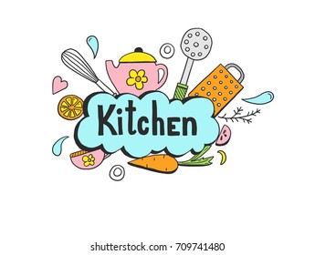  Hand drawn doodle template with cooking ingredient, food, bakery and kitchen utensils elements. Vector illustration for icon, restaurant menu, recipe book template. Cartoon sketch style.