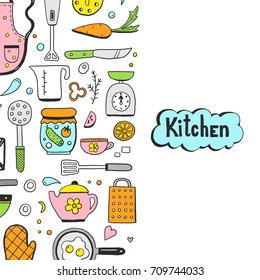 Hand drawn doodle template with cooking ingredient, food, bakery and kitchen utensils elements. Vector illustration for icon, restaurant menu, recipe book template. Cartoon sketch style.