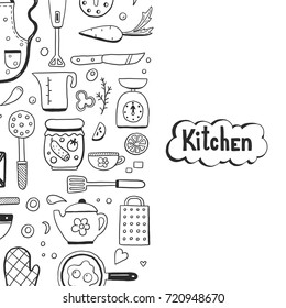 Hand drawn doodle template with cooking ingredient, food, bakery and kitchen utensils elements. Vector illustration for icon, restaurant menu, recipe book template. Cartoon sketch style.