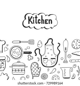 Hand drawn doodle template with cooking ingredient, food, bakery and kitchen utensils elements. Vector illustration for icon, restaurant menu, recipe book template. Cartoon sketch style.