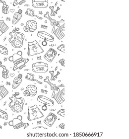 Hand drawn doodle template of pet shop. Dog accessories elements: doghouse, leash, bone, care elements ets. Sketch style vector stock illustration with space for text isolated on white background.