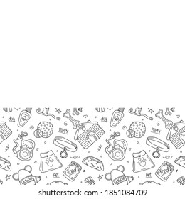 Handgezeichnete Doodle-Vorlage für den Heimtierladen. Hundezubehör: Hundehütte, Leine, Knochen, Pflegeelemente. Vektorgrafik im Skizzenstil mit Platz für Text einzeln auf weißem Hintergrund.