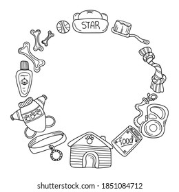 Hand drawn doodle template of pet shop. Dog accessories elements: doghouse, leash, bone, care elements ets. Sketch style vector stock illustration with space for text isolated on white background.