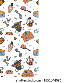 Plantilla de doodle dibujada a mano de tienda de mascotas. Elementos accesorios de perro: percha, correa, hueso, elementos de cuidado. Esbozar ilustración de material vectorial de estilo con espacio para texto aislado en fondo blanco.