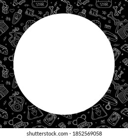 Hand drawn doodle template of pet shop. Dog accessories elements: doghouse, leash, bone, care elements ets. Sketch style vector stock illustration with space for text isolated on black  background.